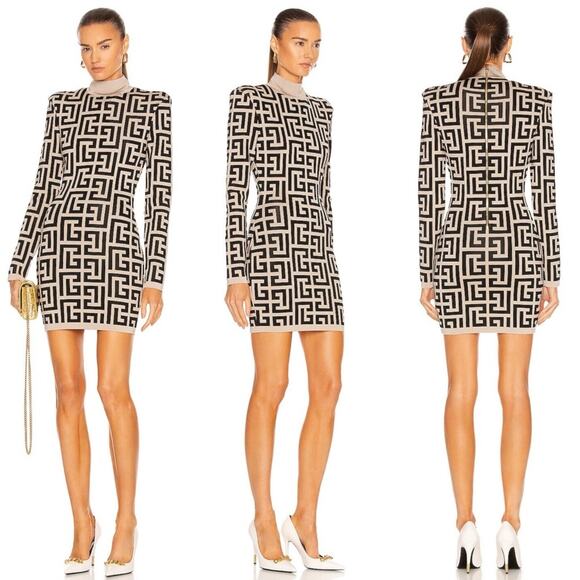 Balmain Ivory & Noir Monogram Shoulder Pad Knit Mini Dress - Picture 1 of 17